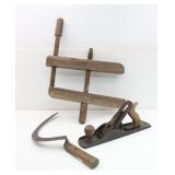 Vtg. Hand Screw Wooden Clamp, Hand Sickle &