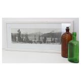 1911 Panoramic Photo & (2) Colored Glass Bottles