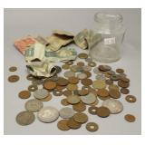 Jar of Foreign Money: 2 Silver Pesos, British, Jar of Foreign Money: 2 Silver Pesos, British,