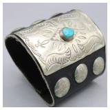 Leather Cuff Bracelet w Turquoise Stone & Conchos