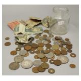 Jar of Foreign Money: 2 Silver Pesos, British,