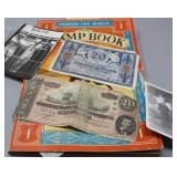 Vintage World Stamp Book & Paper Money