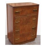 Mid-Century Burl Wood Tall Boy Dresser on Wheels