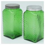 Pair of Green Ribbed Glass Canisters w/Lids