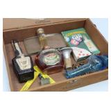 Wood Corona Cigar Box with/Liquor Bottles & Misc