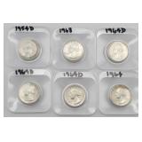 (6) 1954-1964 Washington 90% Silver Quarters