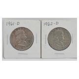 (2) 1961 & 1962 Franklin 90% Silver Half Dollars