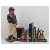 Golf Lot: Golfer Statue, Bookends, Golf Club Shelf
