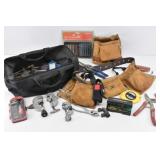 Leather Tool Belt w/ Pouches, Tool Bag & Tools