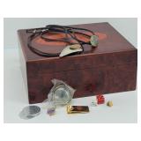 Cigar Box w/ Bolos, Brass Hygrometer, Dice, Pins