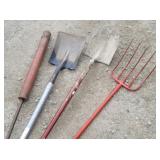 (4) Yard Tools: Pitchfork, Shovels, Ground ...