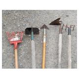(5) Yard Tools: Hoes, Rake, Furrow Hoe, Cultivator
