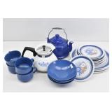 Various Vintage Blue & White Dishes, Tea Kettle...