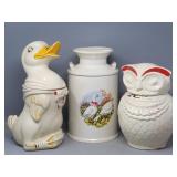(3) Cookie Jars: USA Duck w/ Shawl, Owl, Milk ...