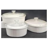 (3) Corning French White Lidded Casserole Dishes