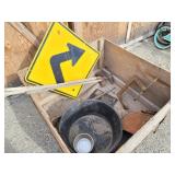 Lot of: Arrow Sign, Hoes, Black Rubber Tub & more