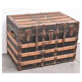 Antique Flat Top Wood & Brass Steamer Trunk
