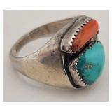 Navajo Old Pawn Turquoise & Coral Ring 19.393gtw