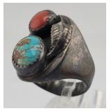 Old Pawn Navajo Sterling, Turquoise, Coral Ring