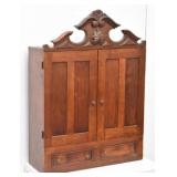 Antique Tabletop Cabinet Carved Top 2 Drawers