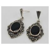 Art Deco .925, Marcasite & Onyx Earrings 4.821gtw