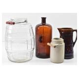 Large Glass Barrel Jar, Quart Crock w/ Handle...