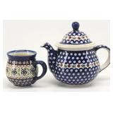 Blue Hand Painted Polish Pottery Teapot & Mug