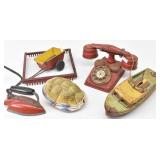 Primitive Metal Toys: Telephone, Sea Queen Boat...