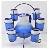 Hand Blown Pitcher & 6 Glasses  Wrought Iron Stand