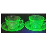(2) Uranium Green Depression Glass Cups & Saucers