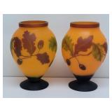 (2) Cameo Style Glass Acorn Pattern Vases