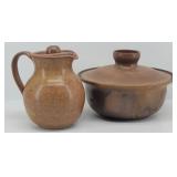 Signed Art Pottery Lidded Pitcher & Bowl