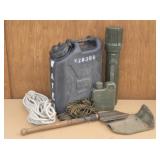 Army Shovel, Water Cans, Storage Tube, Rope