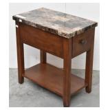 Wooden End Table Marble Print Top w/ Drawer