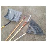 (4) Yard Tools: Pruning Saw, Rake, Cultivator Rake