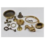 Brass Lot: Horn, Duck Head Wall Hook, Bells...