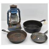 (3) Cast Iron Pans + No. 8 Air Pilot Kerosene ...