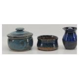 (3 PCs) Signed Blue Art Pottery: Lidded Jar, Vase