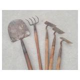 (5) Yard Tools: Shovel, Cultivator Rake, 3 Hoes