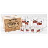 Yukon Jack Glass Beer Mugs, Shot Glasses Wood Box