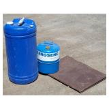 Kerosene 5 gal Can, Tarp, 10 gal Water Barrel