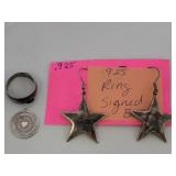 .925 Sterling Star Earrings, Ring Signed Boma, ...