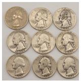 (9) 1939-1958 Washington 90% Silver Quarters