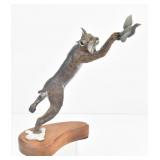 Bobcat Swatting Bird  Resin Statue 13" T
