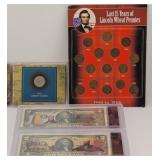 Colorized $2 Bills, Liberty Nickel, Wheat Pennies