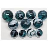 (11) Aqua & White Swirl Shooters & Marbles