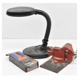 Desk Lamp, Vtg Swivel Base Bench Vise &