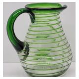 Hand Blown Green Ribbed Glass Spiral Pitcher