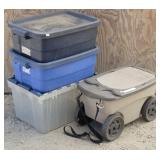 (3) Plastic Totes & Rolling Garden Cart Scooter