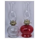 (2) Kerosene Lamps w/ Chimneys Red & Clear